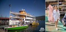 two pictures of people walking on the dock and in front of a boat