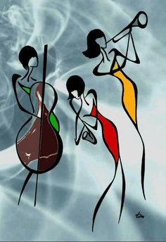 an abstract painting of two women playing the cello