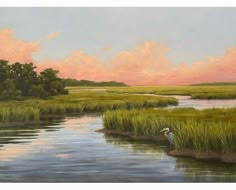 an oil painting of a bird standing in the grass near a body of water at sunset