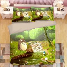 an image of a bed set with animals in the forest and waterfall on the ground