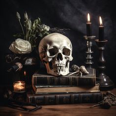 a skull sitting on top of two books next to candles