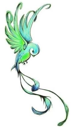 a drawing of a green bird with blue wings