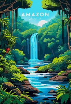 an illustration of a waterfall in the middle of a forest with lots of trees and plants