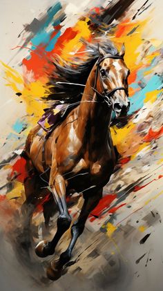 a painting of a brown horse running