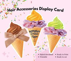 three ice cream cones with bows and sprinkles on pink background for hair accessories display card