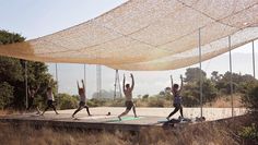 a group of people doing yoga outside in the sun