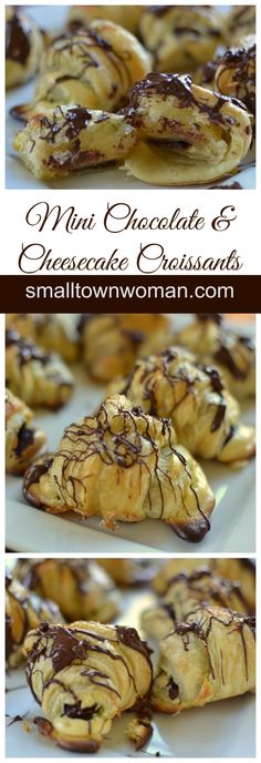 chocolate and cheese croissants on a plate with the words, mini chocolate and cheese croissants