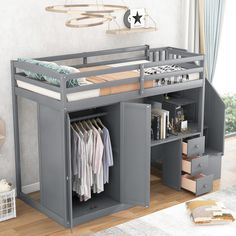 a grey loft bed with drawers underneath it