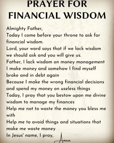 a poem written in black and white with the words prayer for financial wisdom on it