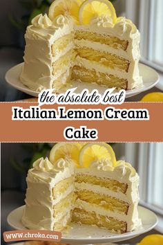 Italian Lemon Cream Cake Ingredients Cake: 1 cup granulated sugar 1/2 cup butter, softened 4 eggs 1/2 cup whole milk 2 cups all-purpose flour 2 teaspoons baking powder Zest of 2 lemons 1/4 cup lemon juice Frosting: 1 package (8 oz) cream cheese, softened 1/2 cup butter, softened 4 cups powdered sugar 1 teaspoon vanilla extract 2 tablespoons lemon juice Zest of 1 lemon Garnish: Lemon slices Lemon zest Powdered sugar (optional) Instructions Preheat the oven to 350°F (175°C). Grease and flour two 8-inch round cake pans. Make the cake batter: In a large bowl, cream together sugar and butter until light and fluffy. Add eggs one at a time, beating well after each addition. Mix in lemon zest and lemon juice. Italian Lemon Cream Cake Recipe, Lemon Cream Cake Recipe, Italian Lemon Cream Cake, Italian Lemon Cake, Lemon Cream Cake, Lemon Treats, Cream Cake Recipe, Cream Filling, Mascarpone Cheese