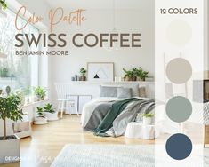 the interior of a bedroom with white walls and wood flooring is featured in color palette swiss coffee