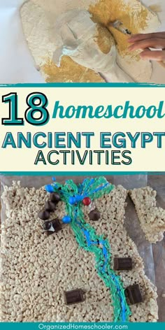 18 homeschool Ancient Egypt activities writen between pharoah mask painting and rice krispies map of Egypt Egyptian Crafts For Kids School Projects Ancient Egypt, Middle School Egypt Projects, Ancient Egypt Projects Middle School, Ancient Egypt Homeschool Activities, Ancient Egypt Sensory Bin, Egypt For Preschoolers, Heiroglyphics Art For Kids, Ancient Egypt 1st Grade, Ancient Egypt Activities Middle School