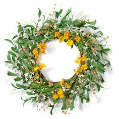 a wreath with yellow flowers and green leaves