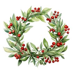 a watercolor christmas wreath with red berries and green leaves on white background, hand drawn illustration