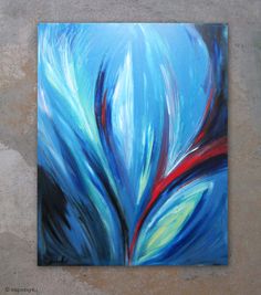 an abstract painting with blue and red colors