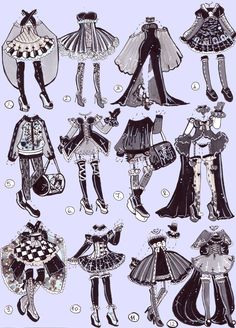 an old fashion illustration with many different outfits