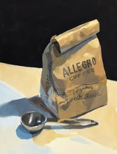 an oil painting of a coffee bag with a measuring spoon next to it on a table