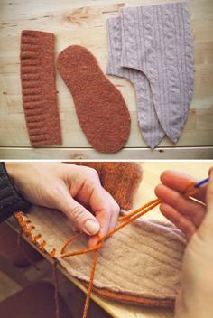 two pictures showing how to make mittens and gloves with yarn on the bottom, and in the middle