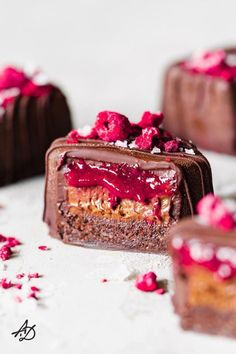 three pieces of chocolate cake with raspberries on top