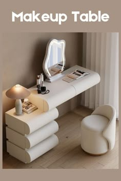 a white desk with a mirror and lamp on it in front of a window that says make up table