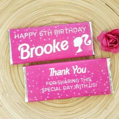 two pink chocolate bars with the words brooke and thank you for sharing this special day with us