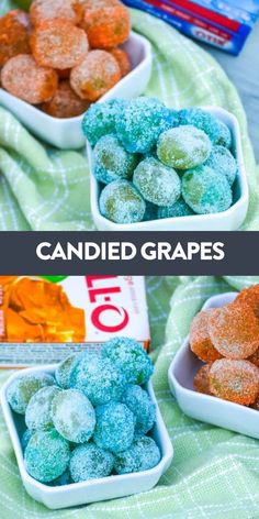 three bowls filled with candied grapes on top of a green towel next to an open box of candy