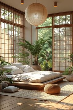 a large bed sitting in the middle of a living room next to two plants and windows