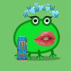 a green monster with blue eyes and red lips next to a can of juice on a green background