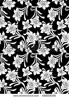 black and white floral pattern with flowers on a black background - shutterstocker com