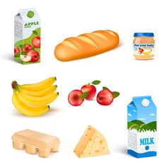 a variety of food items including milk, bread and apples - food objects illustrations on separate layers