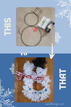 the instructions for how to make a snowman wreath with tissue paper and yarn on it