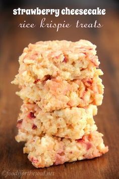 strawberry cheesecake rice krispie treats stacked on top of each other with text overlay