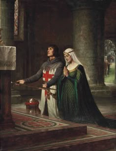 a painting of a man and woman dressed in medieval clothing standing next to each other