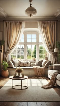 a living room filled with furniture and a large window covered in draping next to a wooden floor