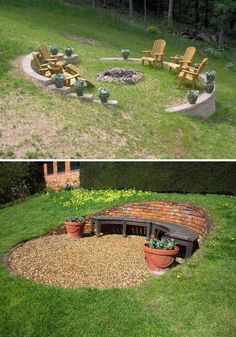 two pictures side by side one shows a fire pit and the other shows an outdoor seating area