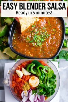 Top image: Tortilla chip is dunked into bowl of salsa. Bottom image: food processor with blender salsa ingredients in it. Title: Easy Blender Salsa: Ready in 5 minutes! Fresh Blender Salsa, Salsa Recipe With Fresh Tomatoes Blender, Easy Restaurant Style Blender Salsa, Blender Salsa Canned Tomatoes, Easy Restaurant Style Salsa, Easy Blender Salsa, Blender Salsa, Restaurant Style Salsa, Easy Salsa Recipe