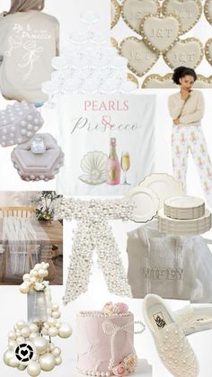 a collage of white and pink items with pearls on them, including a cake