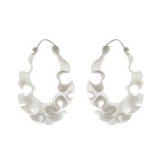 These hoop-shaped earrings bloom into an intricately undulating surface, inspired by the frilly arms of a jellyfish. They are 3D-printed in nylon and feature stainless steel earwires.Our Florescence collection is inspired by the biomechanics of growing leaves and blooming flowers. Each piece emerges from a computational simulation of differential growth, a surface that grows at different rates in different location. The flowering structures expand fastest along their edges, evolving from simple Parametric Jewelry, 3d Earrings, 3d Printed Earrings, Cnidaria, 3d Printed Jewelry, Wax Carving, Art Science, Printed Jewelry, Ceramic Jewelry