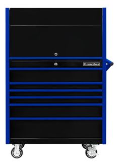 a blue and black tool cabinet on wheels