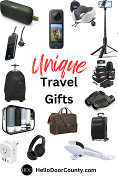 Collection of travel gifts appropriate for Christmas. Door County Restaurants, Handy Gadgets, Unique Travel Gifts, Best Travel Gifts, Stylish Luggage, Packing Hacks, Sturgeon Bay, Packing Clothes, Best Stocking Stuffers