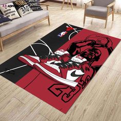 a living room area rug with a basketball shoe on it