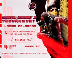 a flyer for a martial tournament featuring a man with a mask on his face and an image of a person in the background