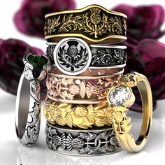 Scottish thistle wedding bands, engagement rings and fashion rings. Made in gold, silver, platinum or palladium! Scottish Wedding Rings, Scottish Ring, Thistle Jewellery, Thistle Wedding, Thistle Ring, Bijoux Art Nouveau, Scottish Jewellery, Celtic Wedding Rings, Celtic Wedding