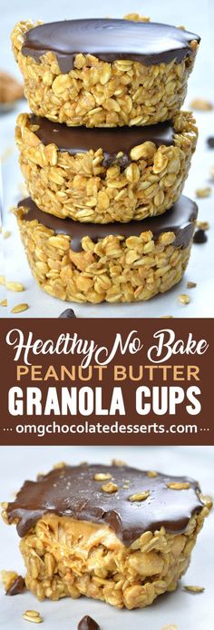 three granola cups stacked on top of each other with chocolate frosting and nuts