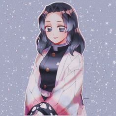 an anime character with long black hair and blue eyes, wearing a white coat in the snow