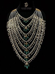 Ready to ship satlada made using fresh water pearls with cz polki and 22ct gold plating with emerald beads 7 layers Satlada Necklace, Emerald Necklace Indian, Hyderabadi Jewelry, Necklaces Ideas, Layered Pearl Necklace, 7 Layers, Layered Necklace Set, Emerald Bead, Polki Jewellery