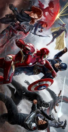 the avengers are flying through the sky in their respective positions, with many other characters behind them