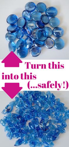 blue glass beads are shown with the words turn this into this safety sign above them