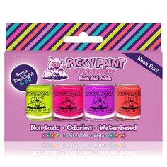 Kids will love this set of Neon mini polishes? and as a bonus, it GLOWS in blacklight! Piggy Paint nail polish is Non-toxic, Virtually Odorless, and Kid-friendly! This water-based formula dries hard and doesn?t wash or peel off. Enjoy a rainbow of fun shades that are Cruelty-free and Vegan. ALL the fun, with NO harsh chemicals! Nail Polish Box, Nail Polish Gift Set, Kids Nail Polish, Nail Polish Gift, Paint Nail, Dark Nail Polish, Neon Nail Polish, Neon Box, Finger Lights