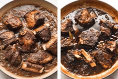 two images show the same amount of meat being cooked in a skillet